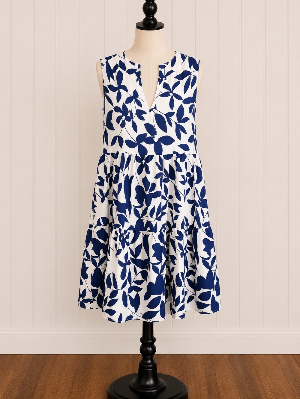 Sleeveless White and Navy Floral Tiered Dress
